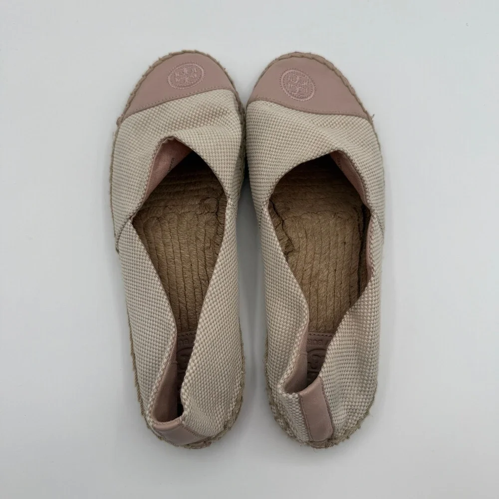 Tory Burch Espadrilles Women 8 Beige Pink Leather Logo Toe Cap Flat Slip On Shoe